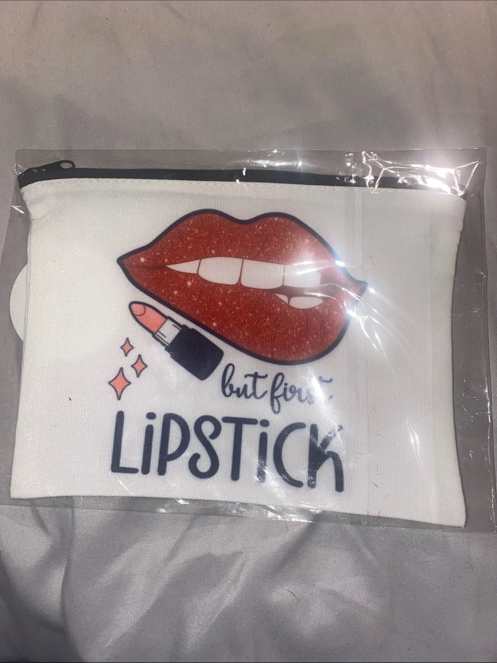 White Canvas Cosmetic Pouch with Red Glitter Lips and Lipstick Graphic